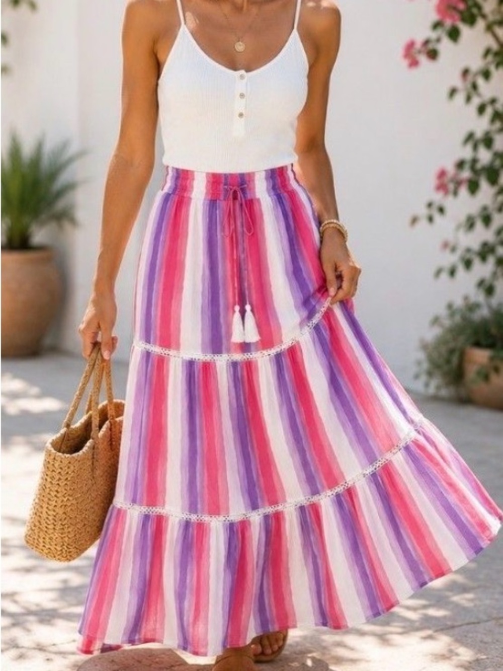 Gypsie Blu Striped Pink & Purple Tie Dye Tiered Maxi Skirt - Size M